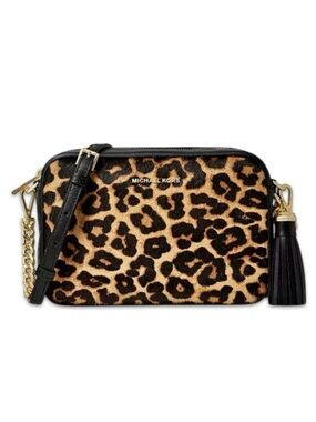 Michael Kors Genuine leather calf hair Leopard Crossbody Bag Black medium brown